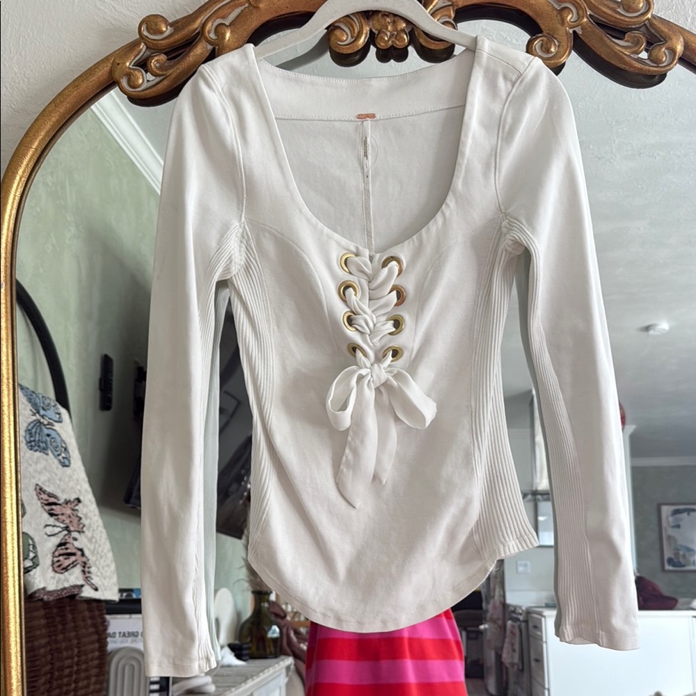 FP Elegant White Lace-Up Women's Top